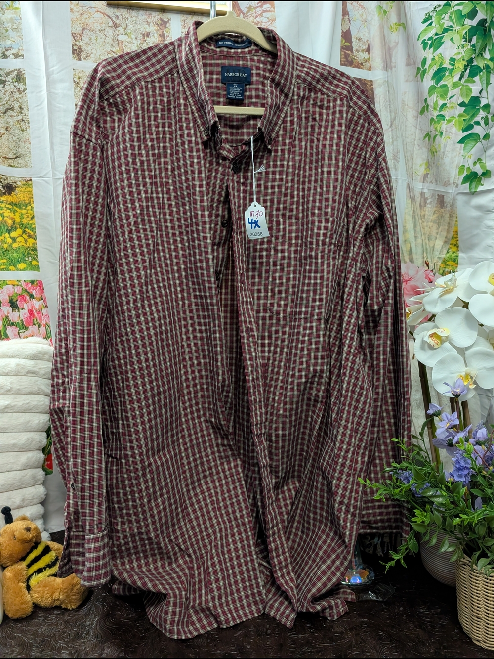 Harbor Bay Men’s Burgundy Plaid Button-Down Shirt